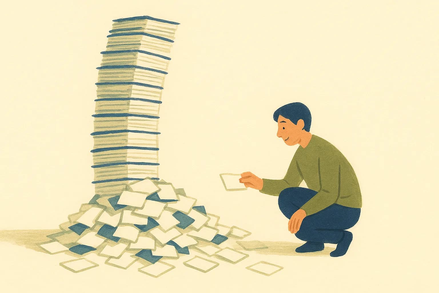 Illustration of a person calmly pulling one card from a huge overflowing pile of contact cards