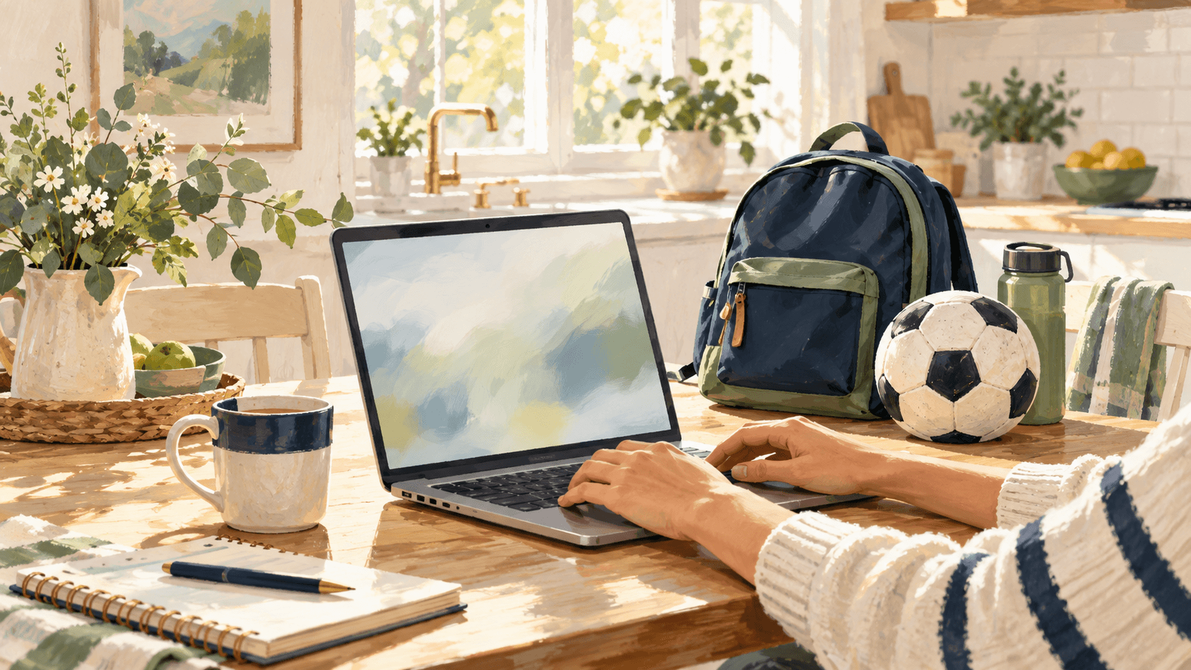 An adult at a bright kitchen table with an open laptop, a child's backpack and a soccer ball beside it
