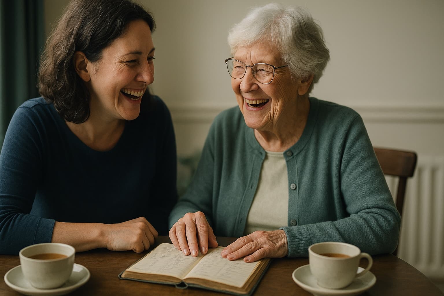 An adult daughter and her elderly mother laughing together over an old address book.