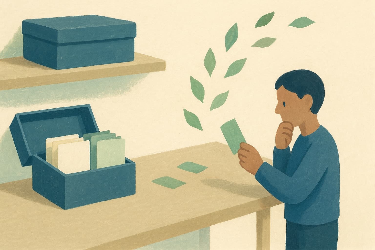 A person at a desk deciding between keeping, storing, and releasing contact cards.