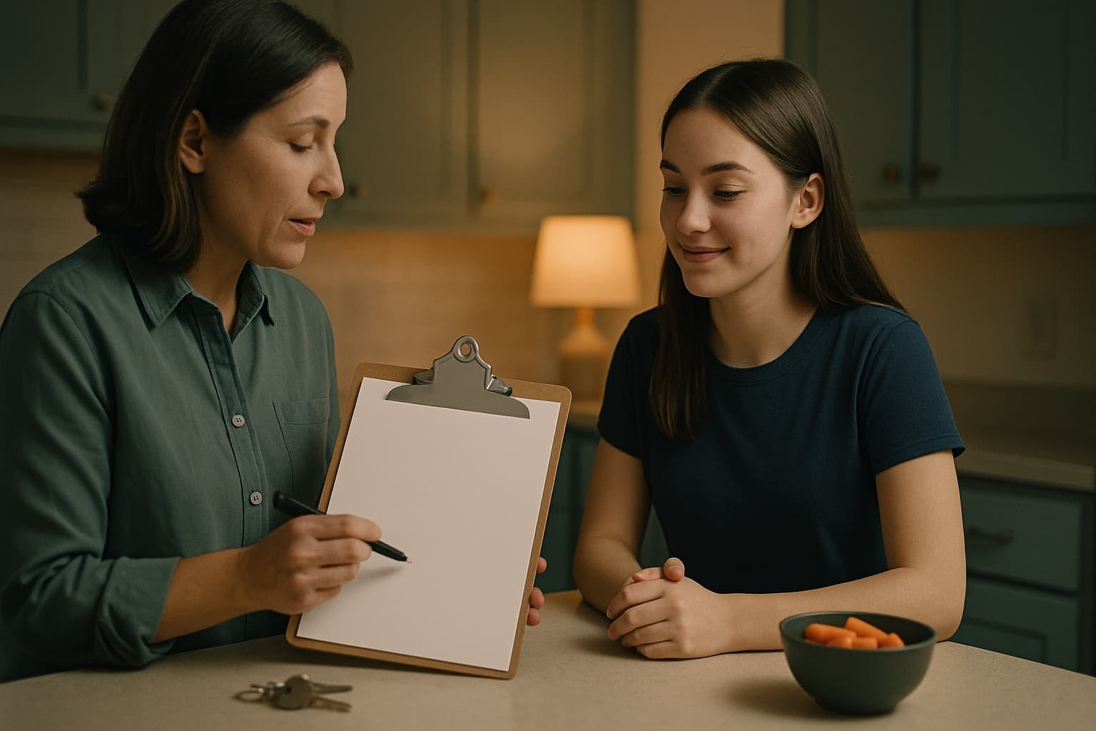 A parent walking an attentive babysitter through a prepared information sheet at the counter.