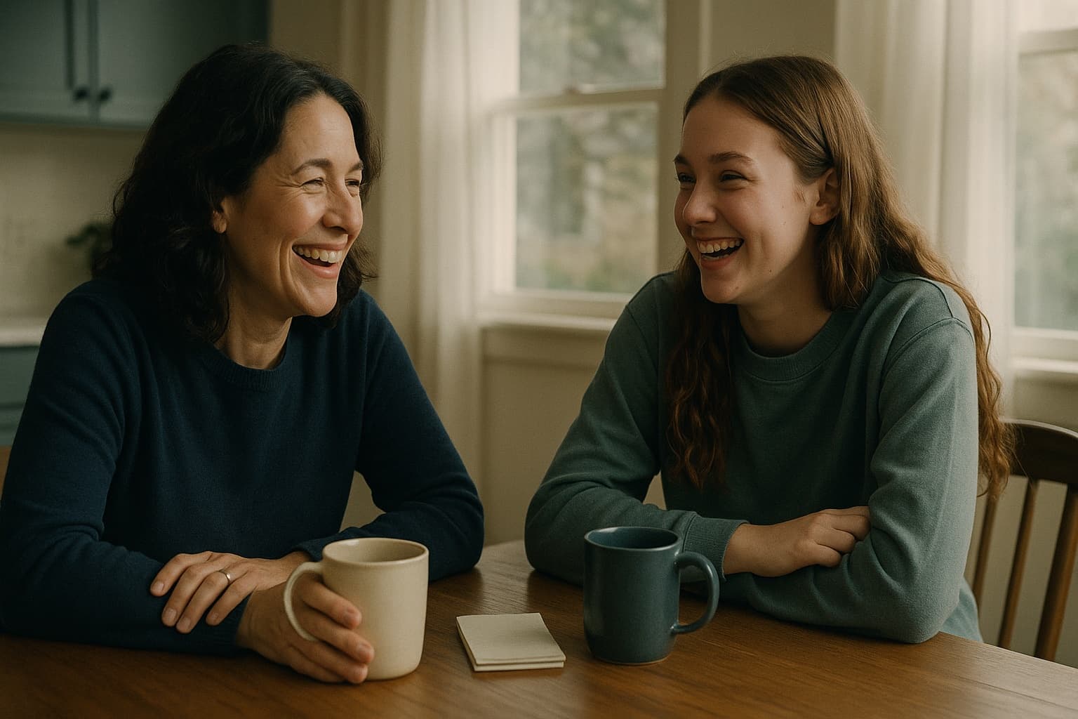 A parent and a teenage babysitter laughing comfortably at a kitchen table.