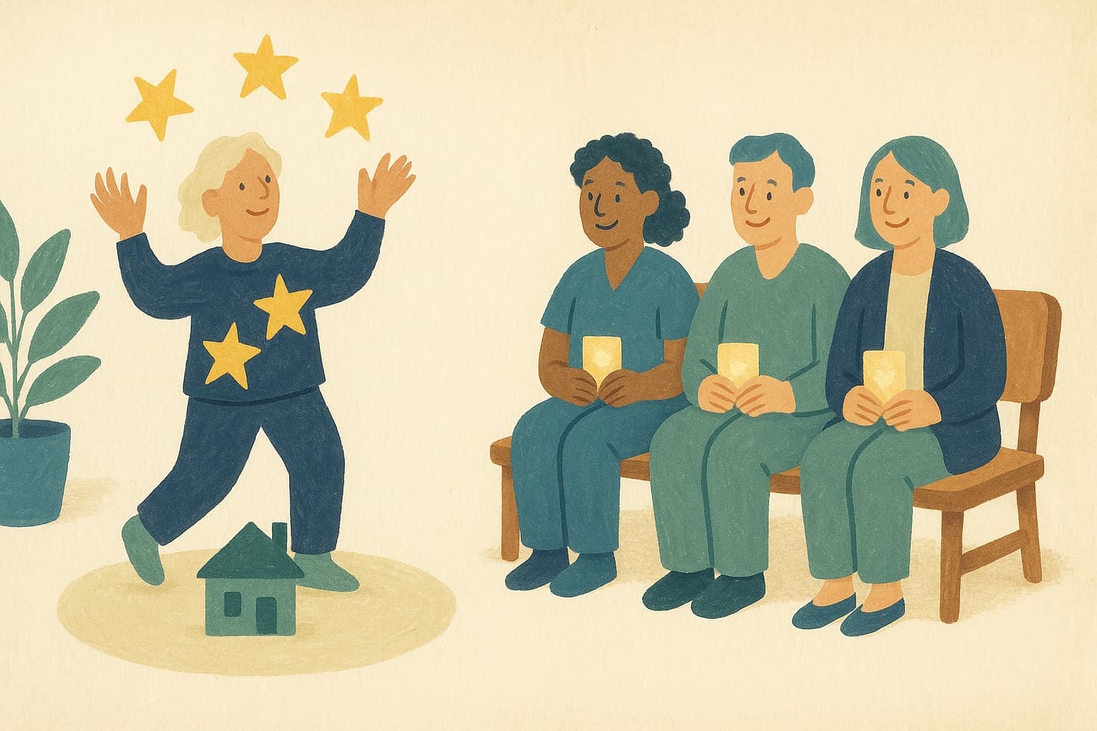 A caregiver roster shown as a team bench: one active sitter juggling and three smiling backups ready.