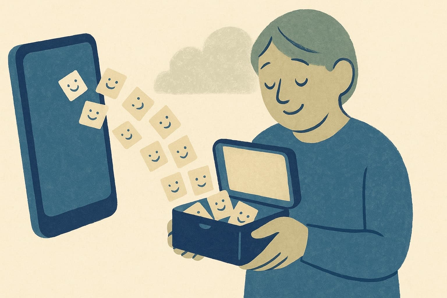 A person catching a stream of contact cards from a phone into a keepsake box.