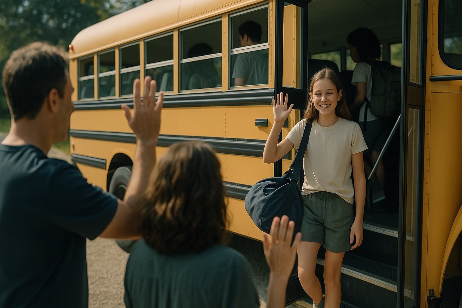 A happy camper waving from the bus steps to her parents at summer drop-off.