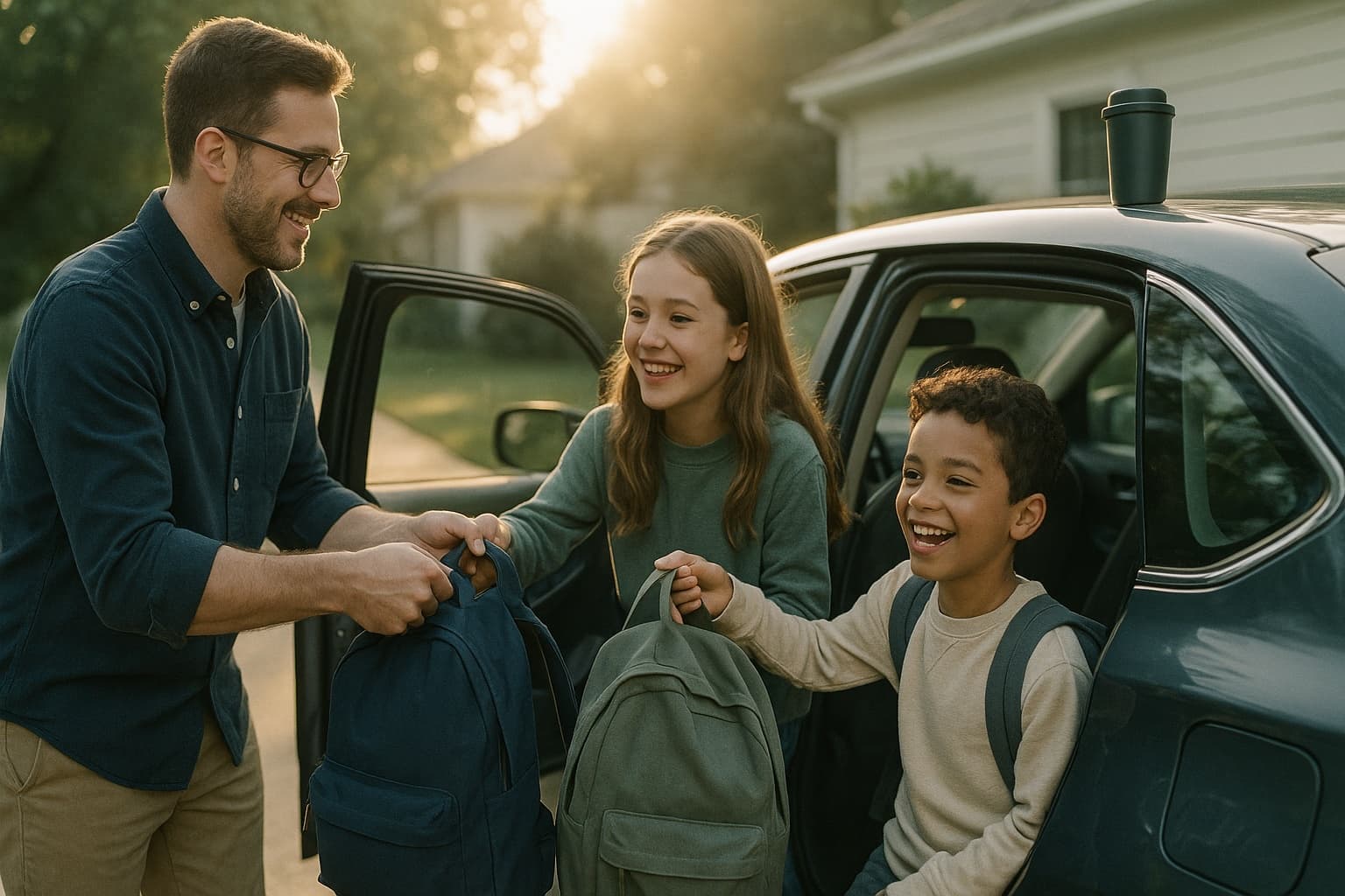 A father loading two grinning kids and their backpacks into the car on a carpool morning.