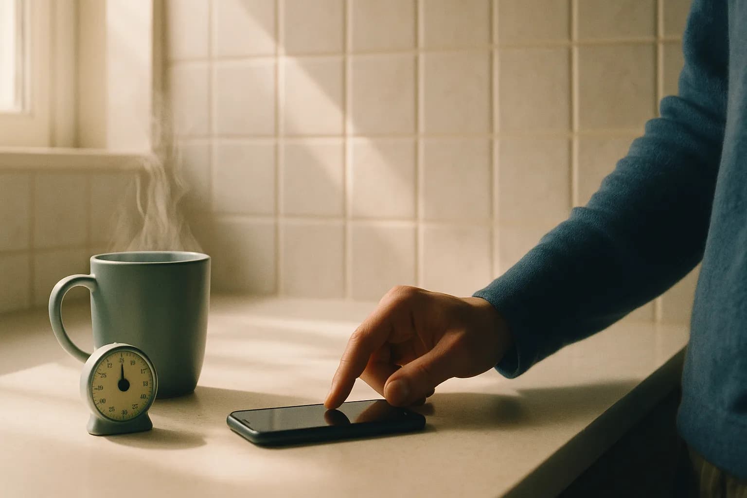 A hand scrolls a phone next to coffee and a small timer on a sunny kitchen counter