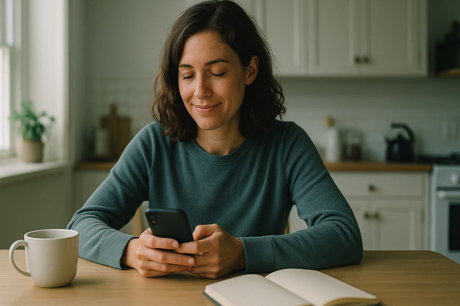 A smiling woman at a kitchen table with coffee, tidying up her phone contacts.