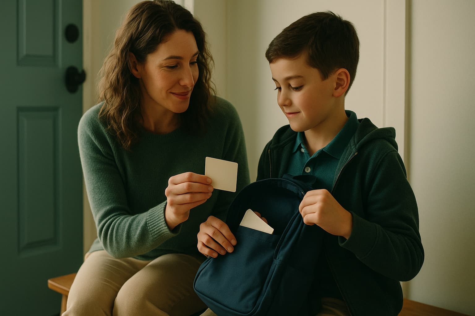 A mother showing her son the emergency card going into his backpack pocket.