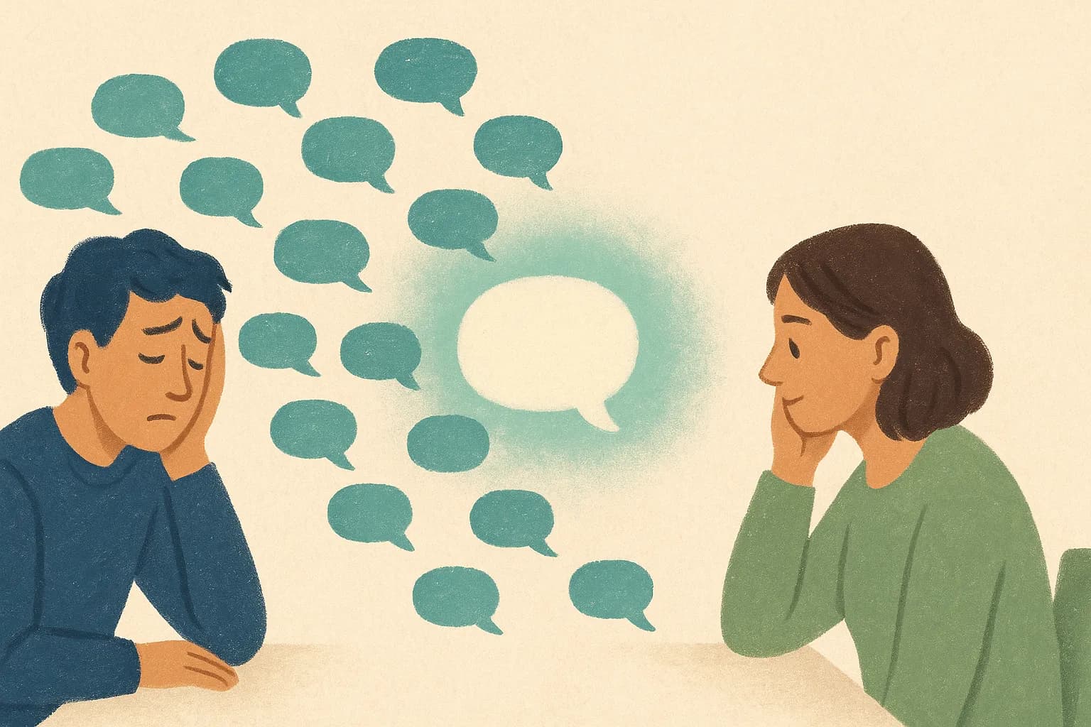 Illustration of endless text requests between family members replaced by one shared hub