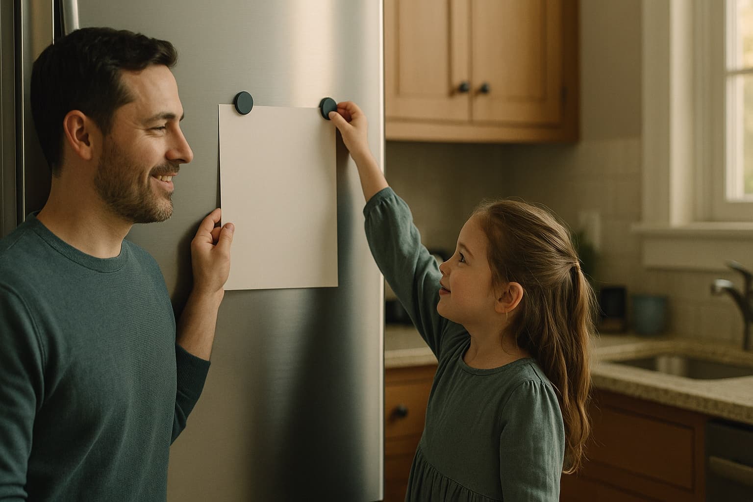 A father and daughter proudly pinning a blank emergency sheet to the refrigerator.