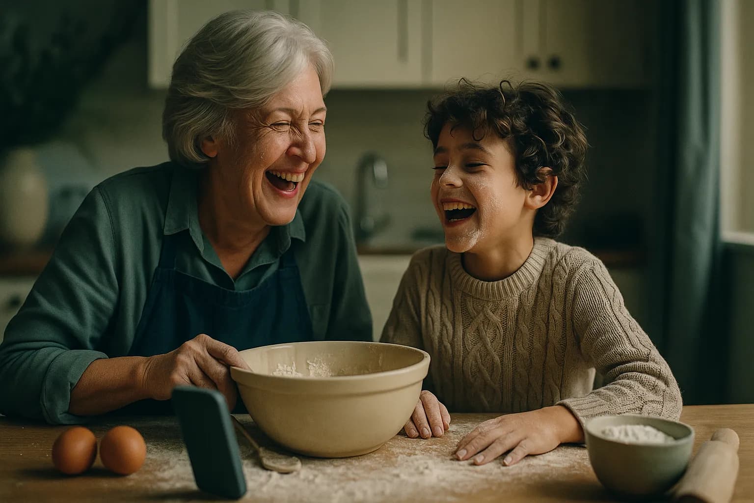 A grandmother and grandchild bake together with a phone propped nearby
