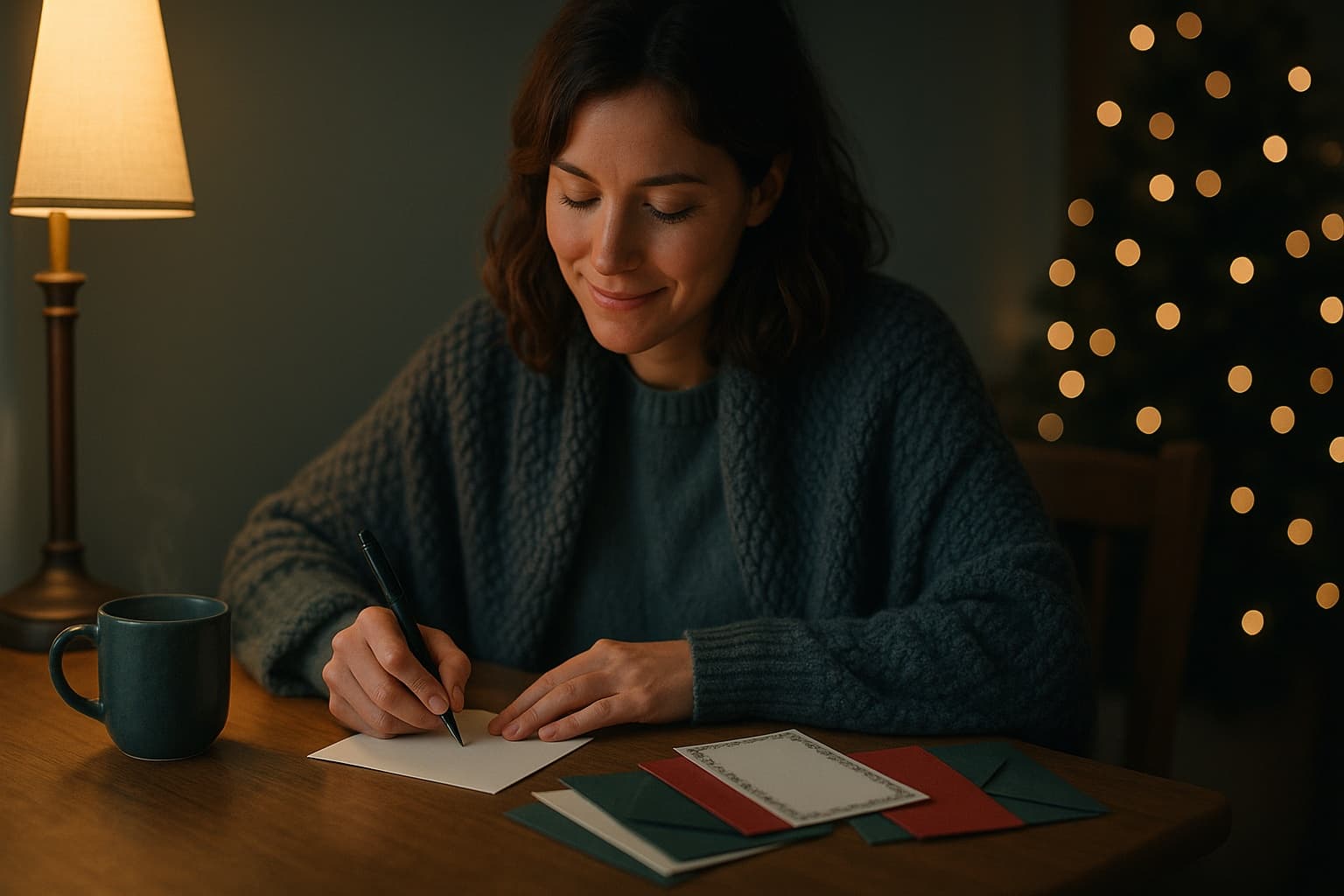 A contented woman writing holiday cards at a cozy winter table.