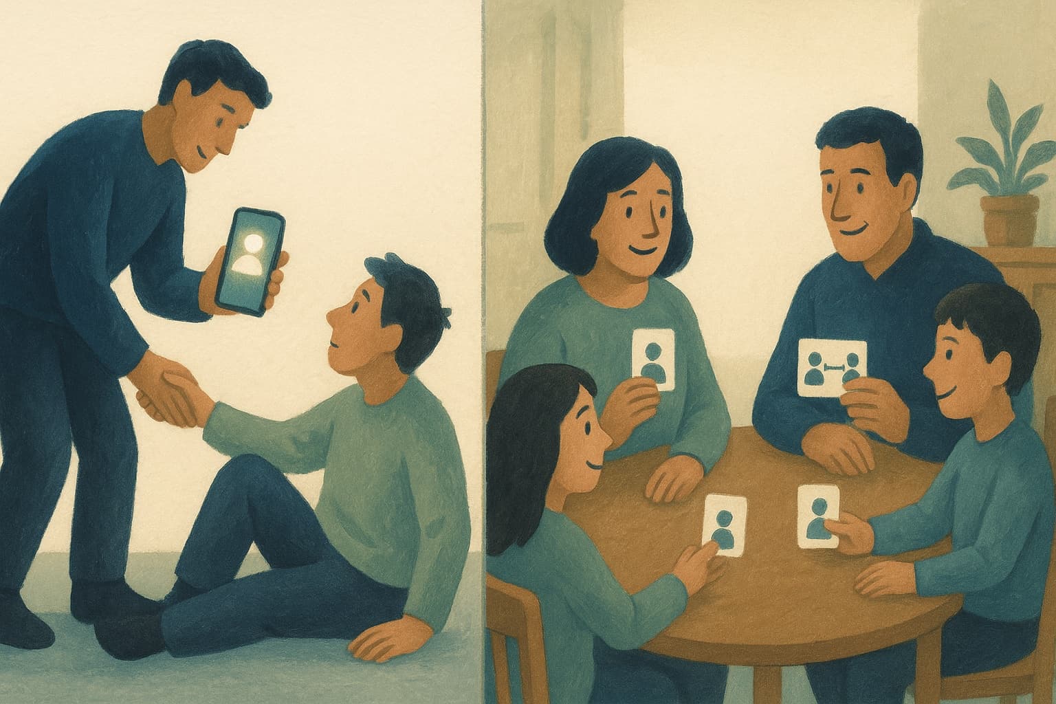 Two panels: a kind stranger using a phone to reach someone's family, and a family sharing its own contact list.
