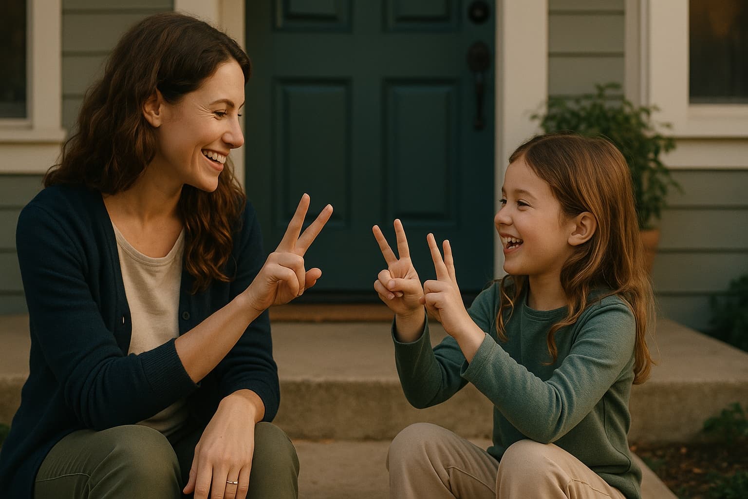 A mother and daughter on porch steps counting on fingers together, both smiling.