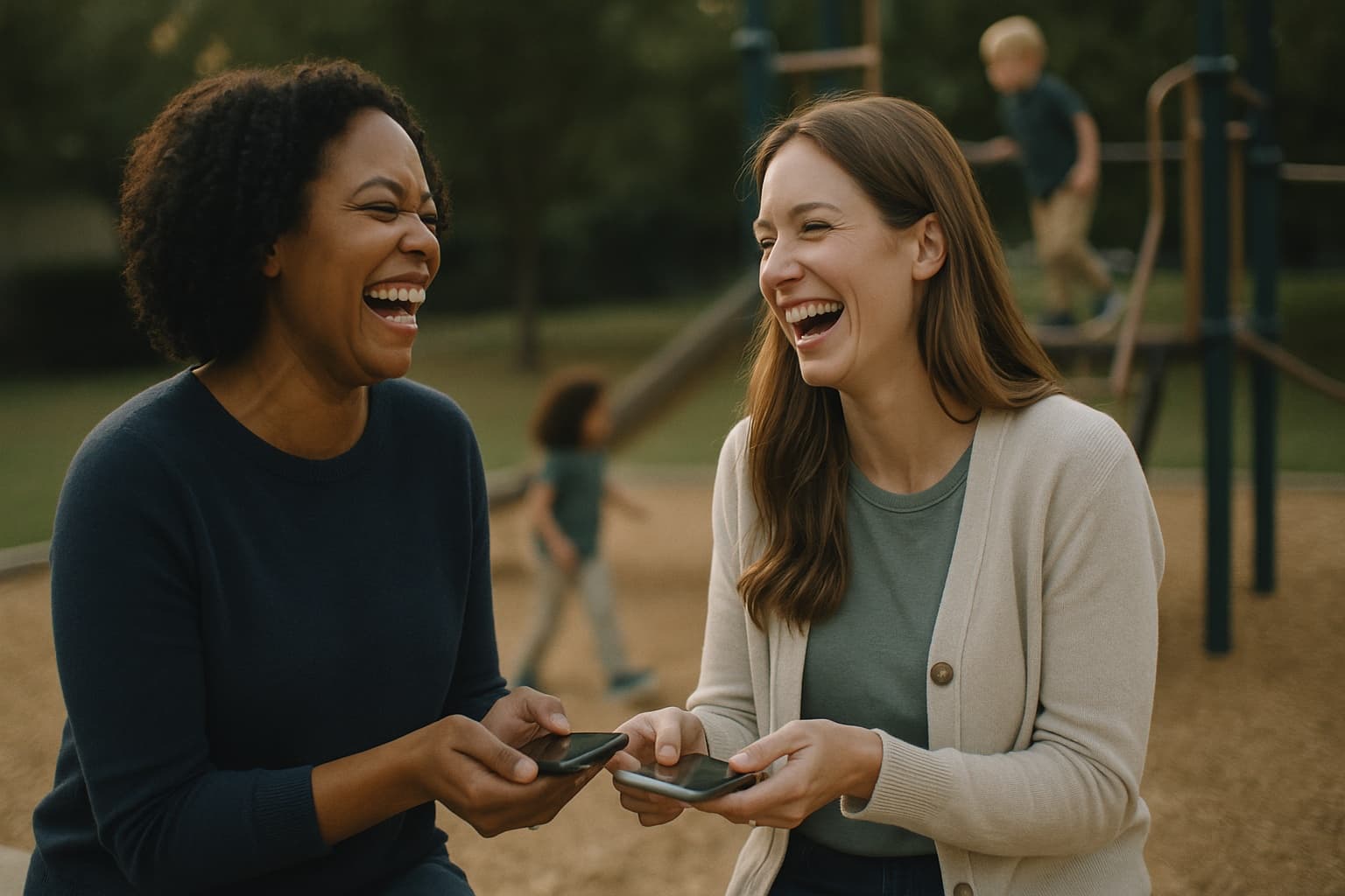 Two mothers laughing and trading phone numbers at a playground while their kids play behind them.