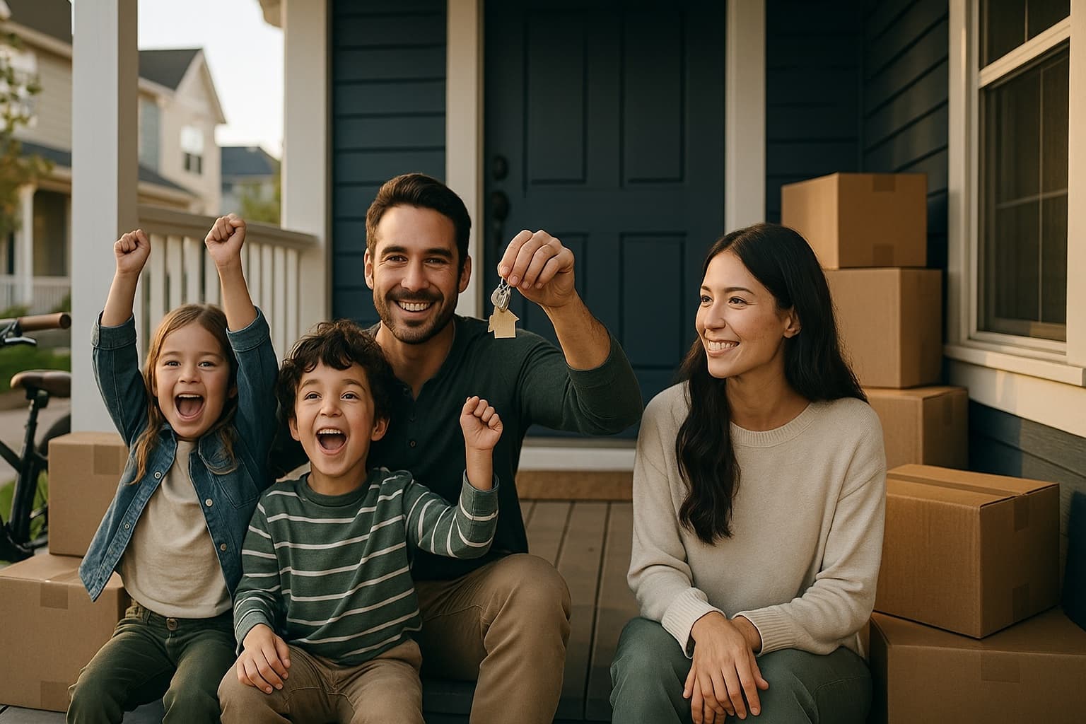 A young family celebrating on the porch of their new home among moving boxes.