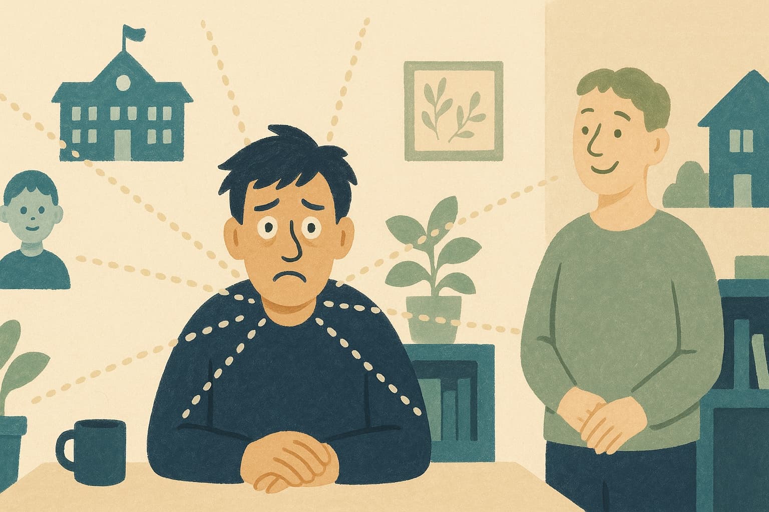 Many dotted lines from around a household all converging on one wry overwhelmed parent.