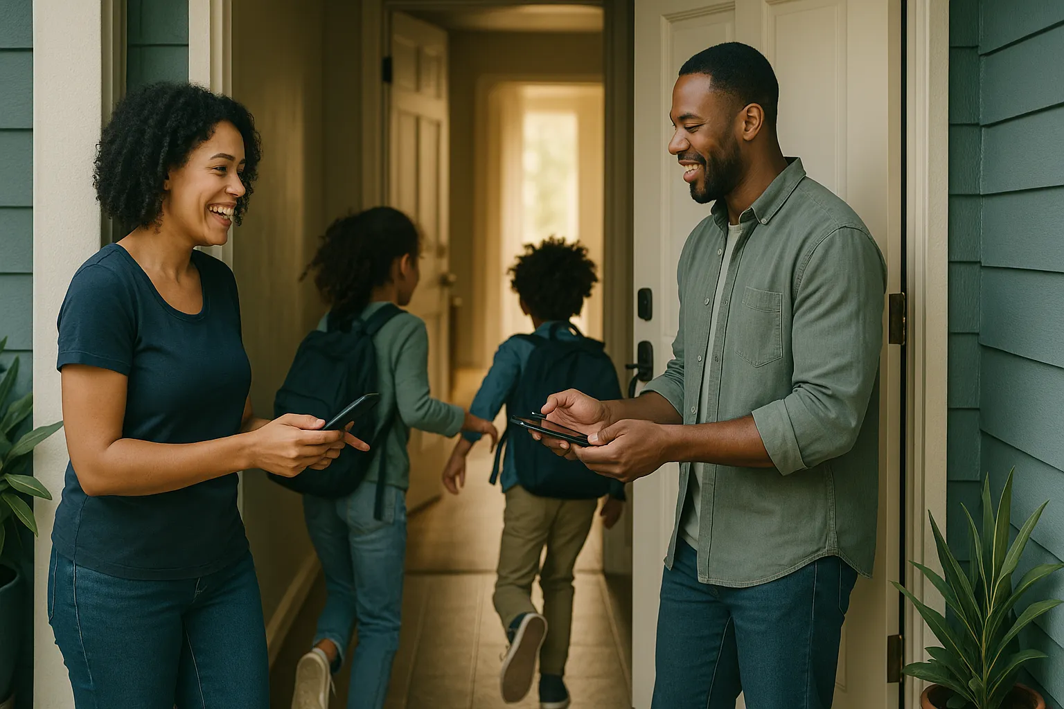 Two parents exchange numbers at a doorway while their kids run inside to play