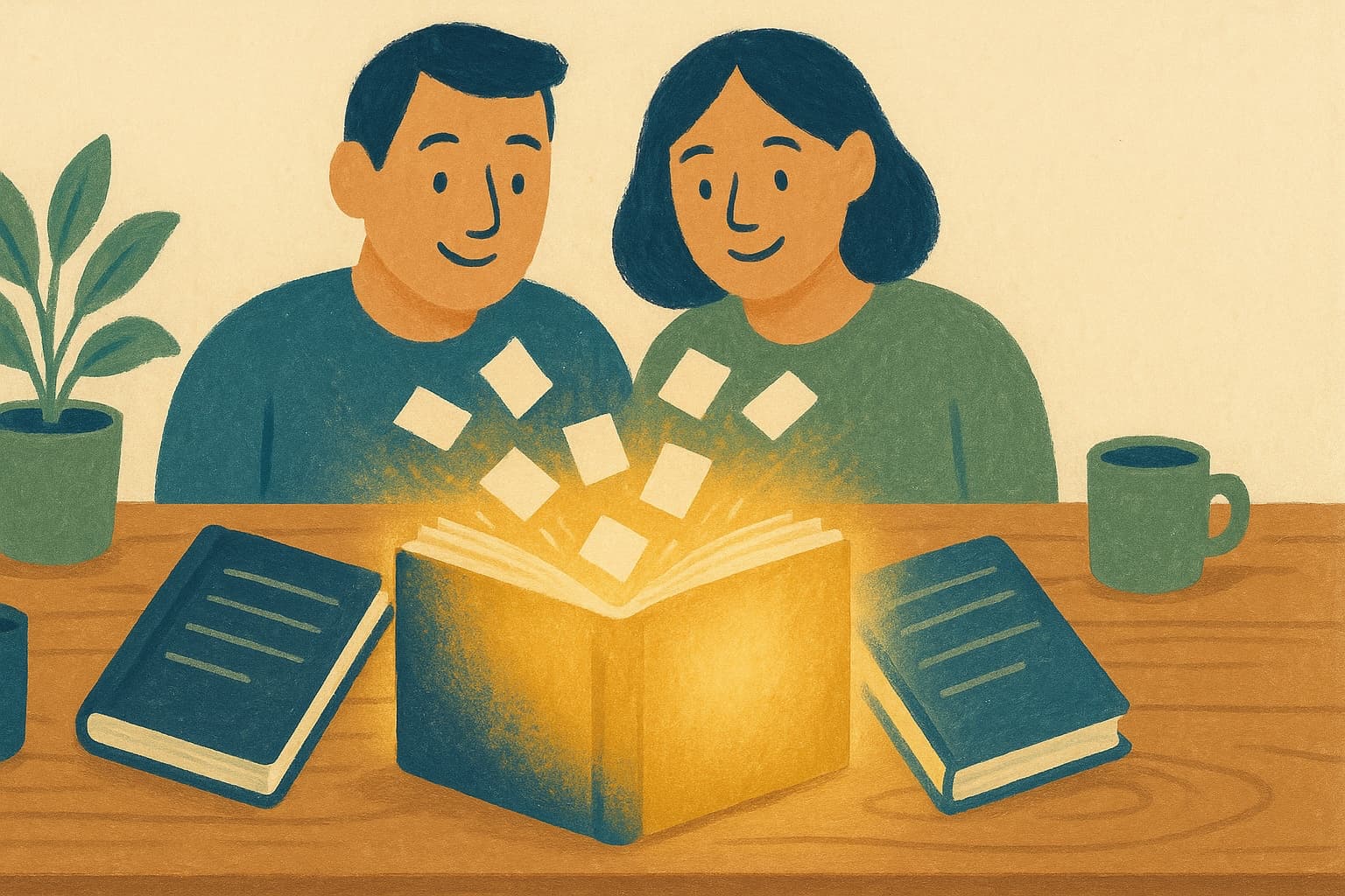 Two address books merging their cards into one shared household book as a couple looks on.
