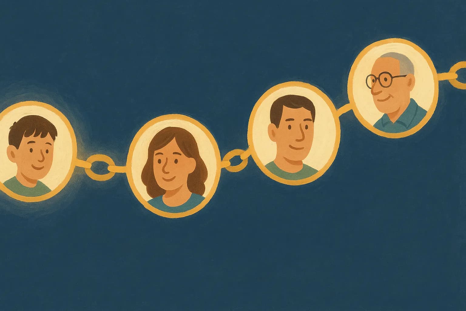 Illustration of a glowing chain of linked portraits from sitter to family backup contacts