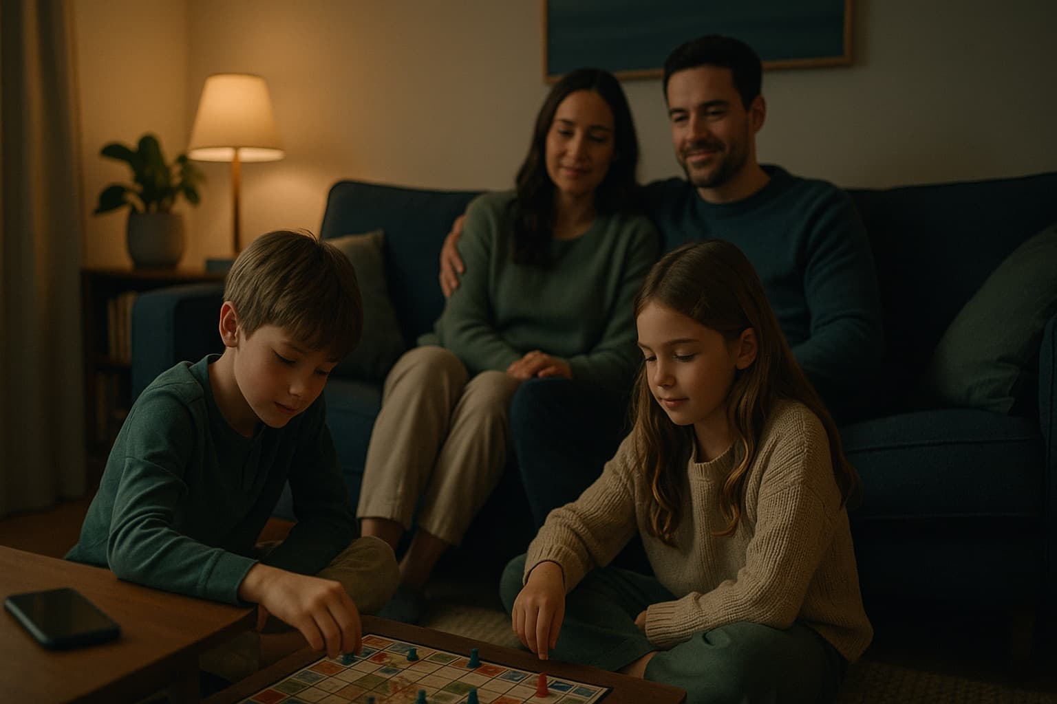 A relaxed family at home in the evening with the phone set aside.