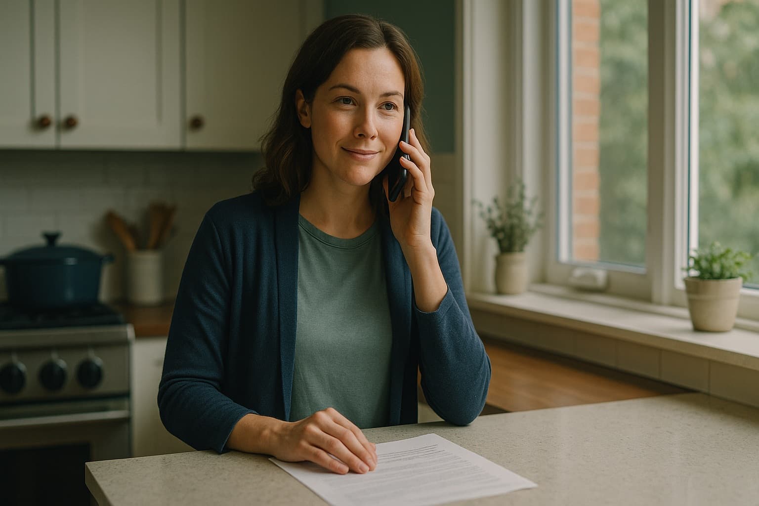 A calm parent making a call with the family's printed contact sheet at hand.