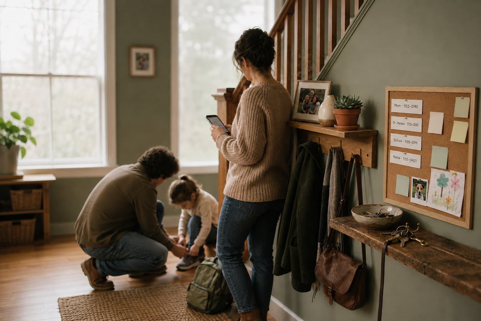 A family in their home entryway beside a corkboard pinned with the household's contact cards.