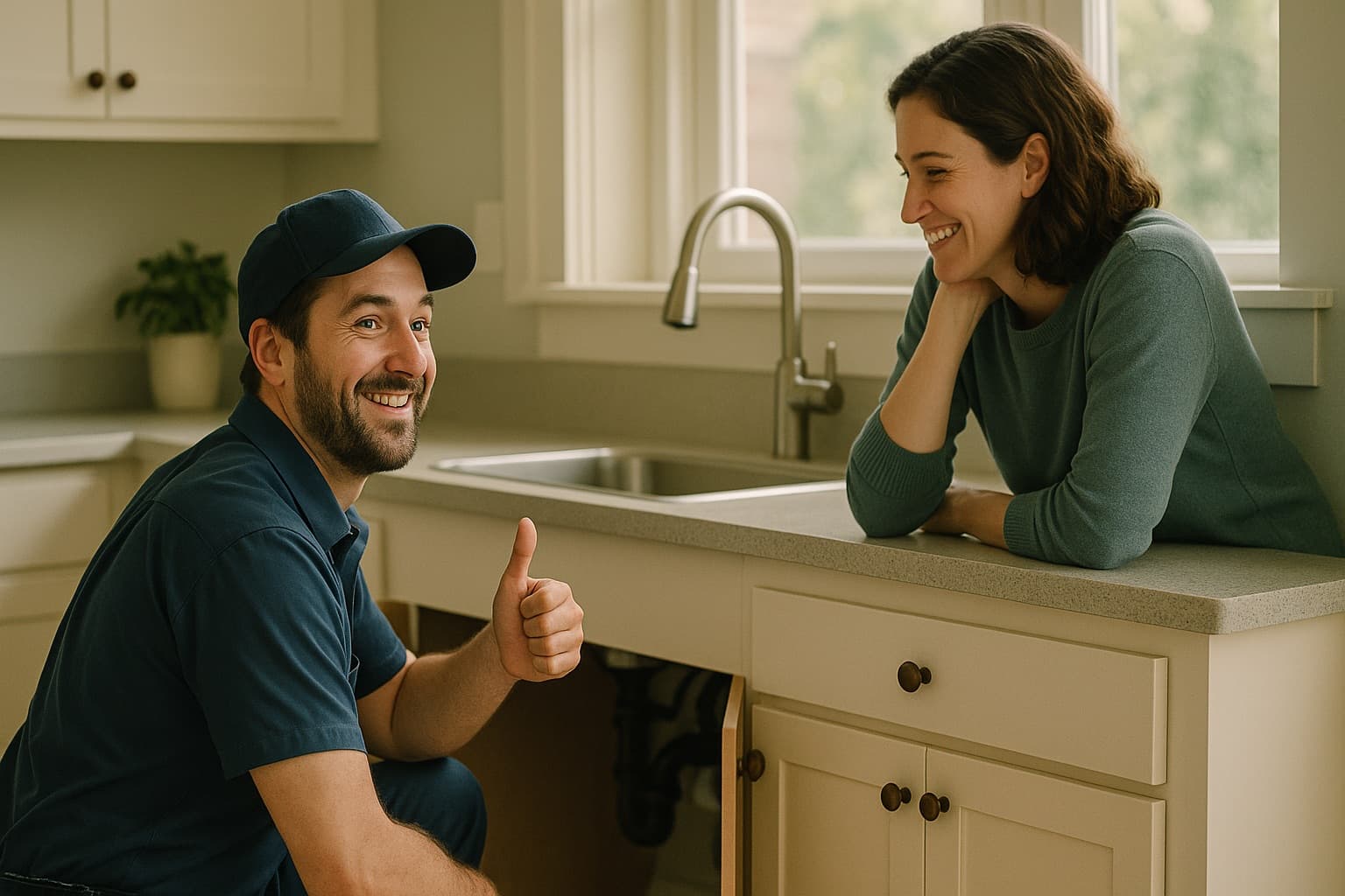A relieved homeowner and a friendly plumber wrapping up a quick sink repair.