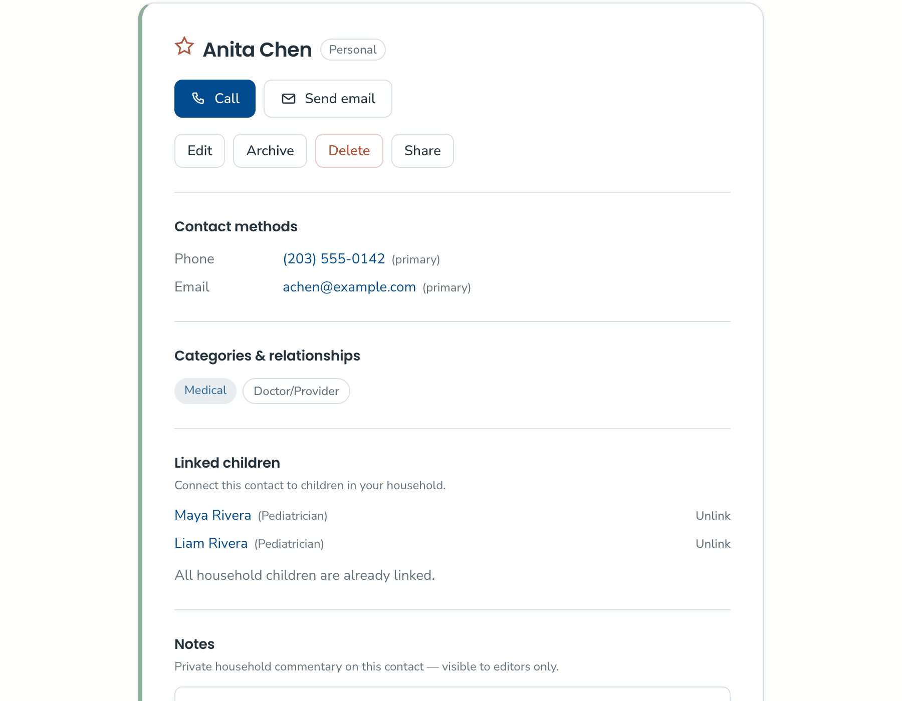 KeeperCircle contact detail page for Anita Chen, showing phone and email, Medical and Doctor/Provider tags, two linked children, and a private household note.
