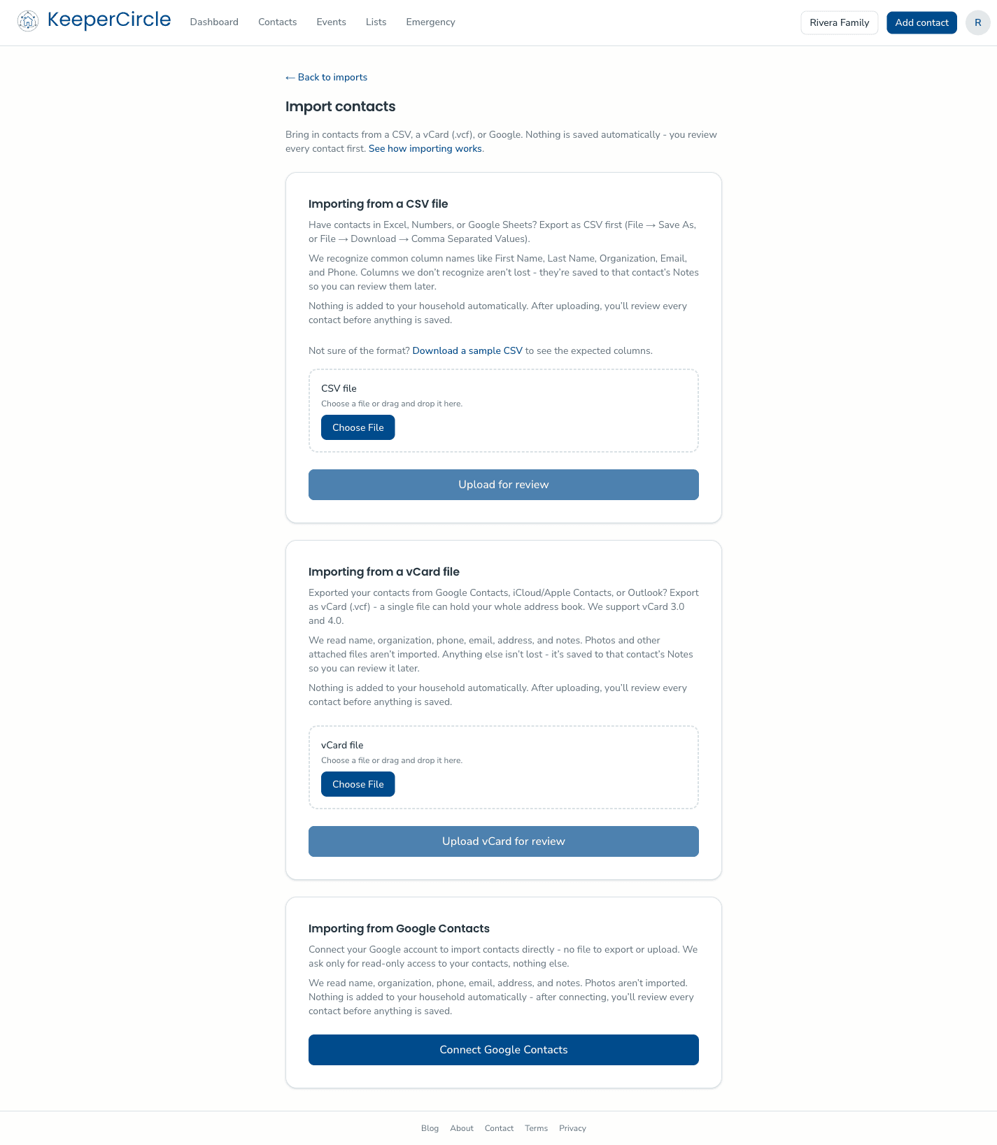 KeeperCircle import screen offering CSV and vCard file upload, noting that nothing is added to your household until you review every contact.