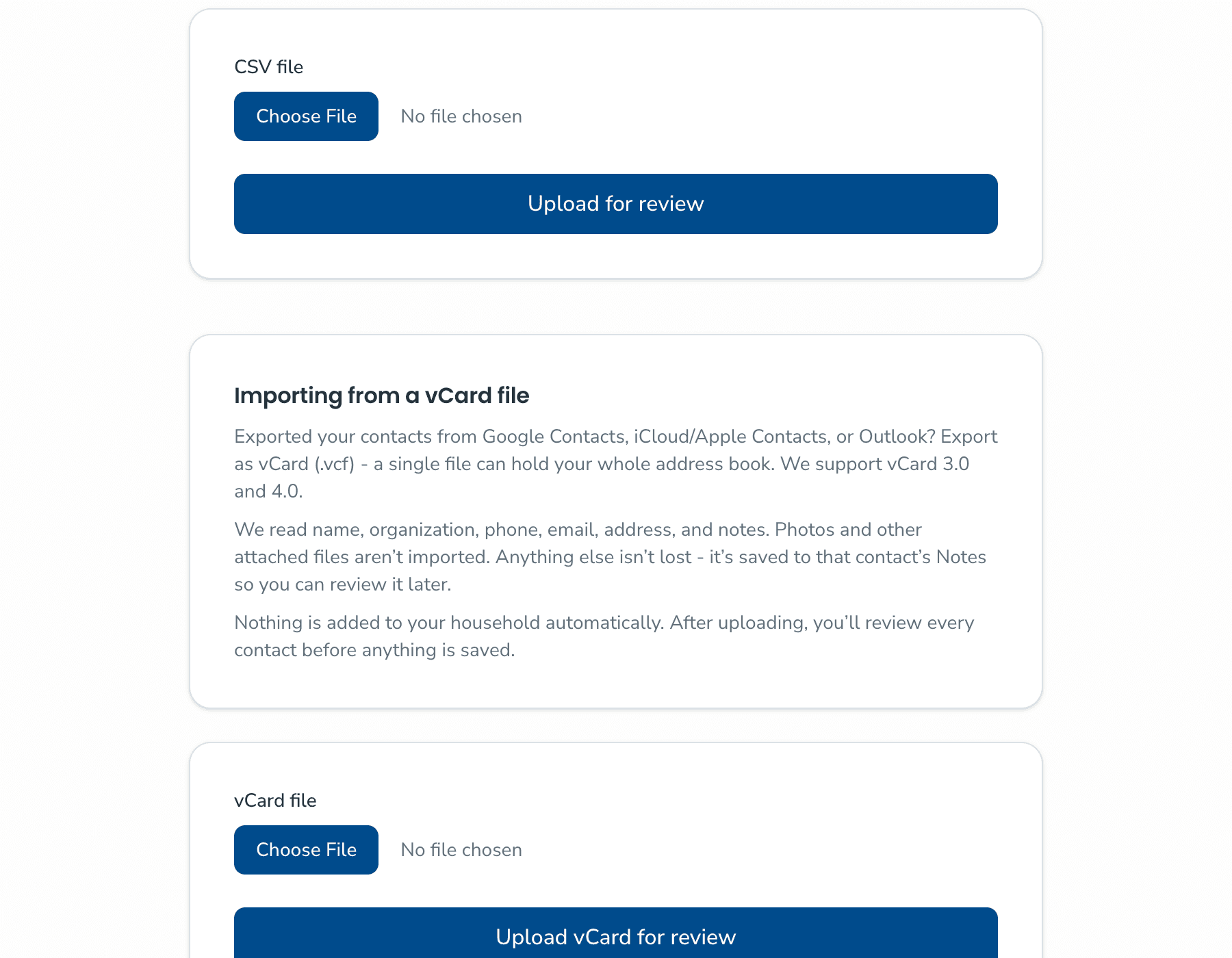 KeeperCircle import screen offering CSV and vCard file upload, noting that nothing is added to your household until you review every contact.
