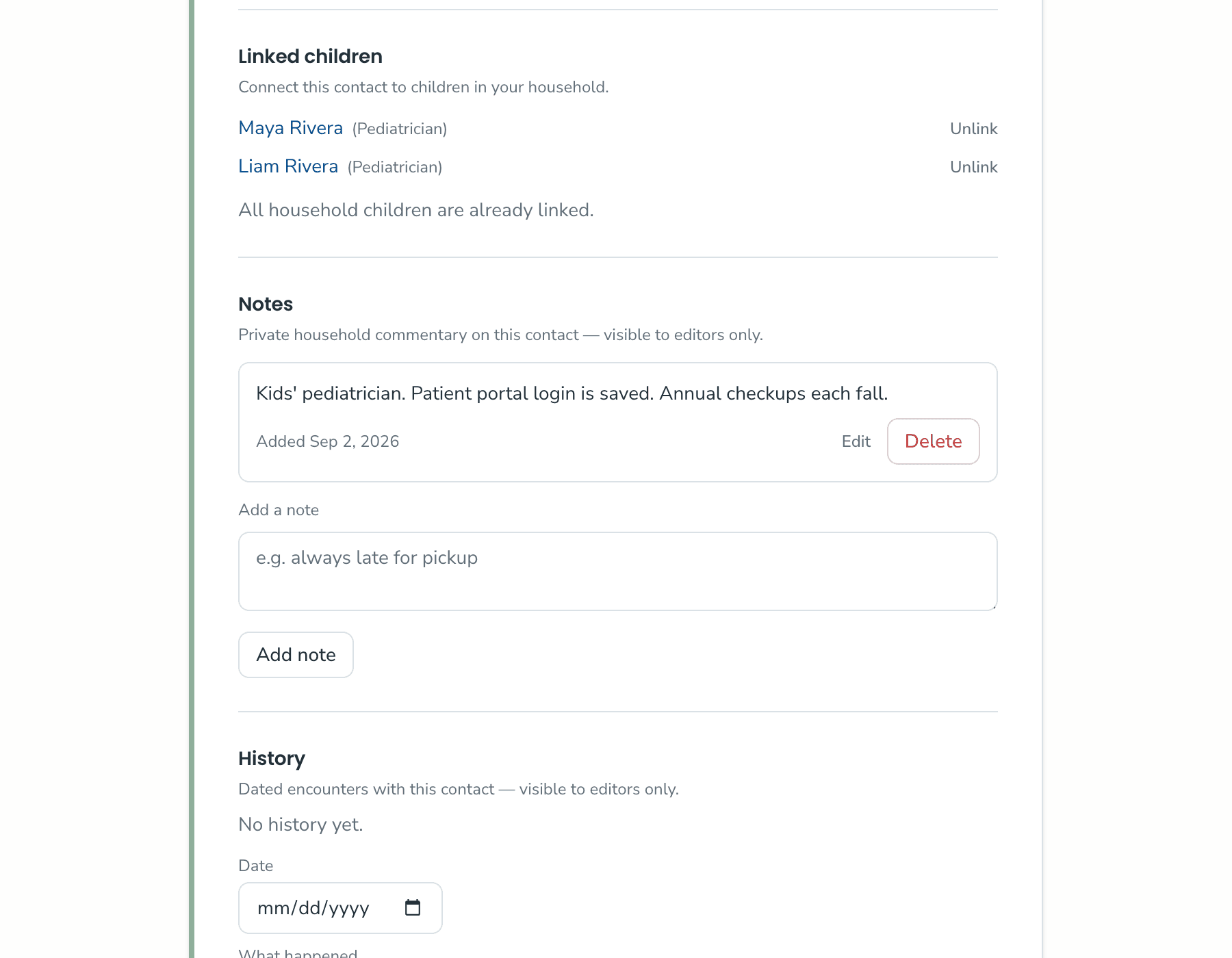 A KeeperCircle contact detail's Linked children section connecting the contact to Maya Rivera and Liam Rivera, above the private household notes.