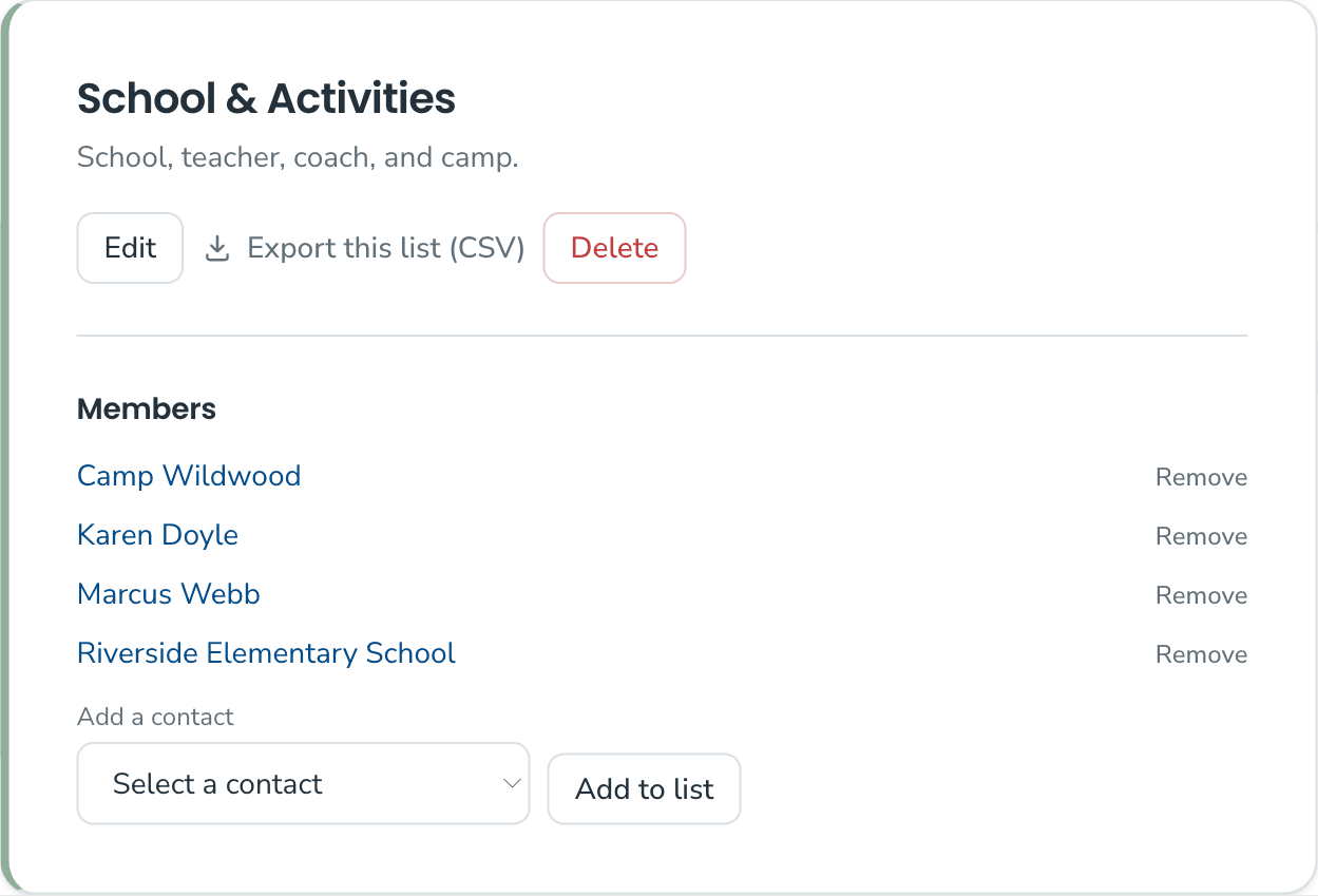 A KeeperCircle list named School & Activities with its members: Camp Wildwood, Karen Doyle, Marcus Webb, and Riverside Elementary School.