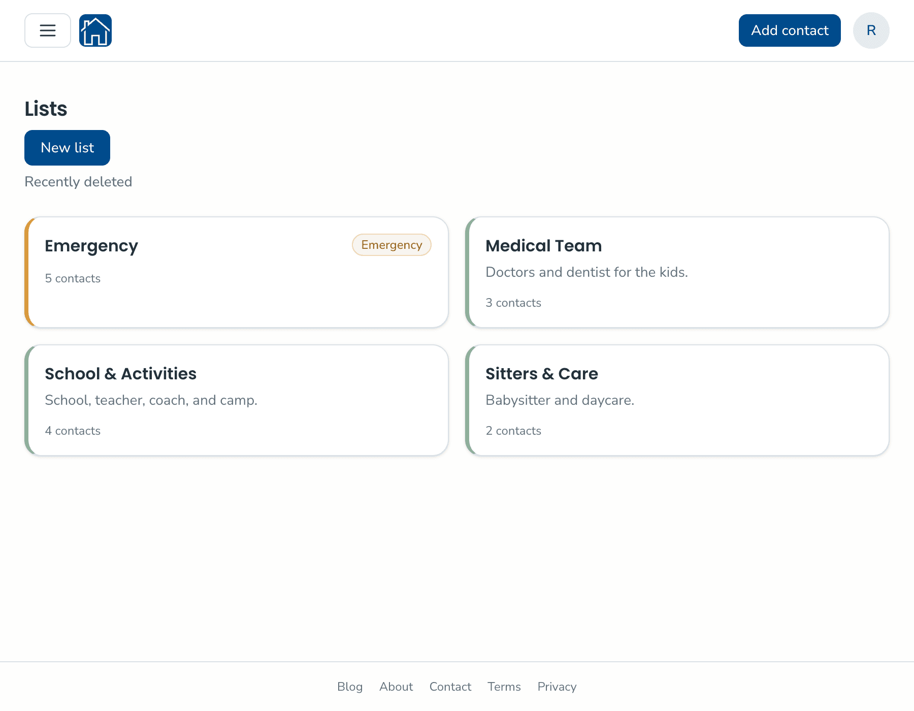 KeeperCircle lists overview with four lists: Emergency, Medical Team, School and Activities, and a Sitters and Care list described as babysitter and daycare.