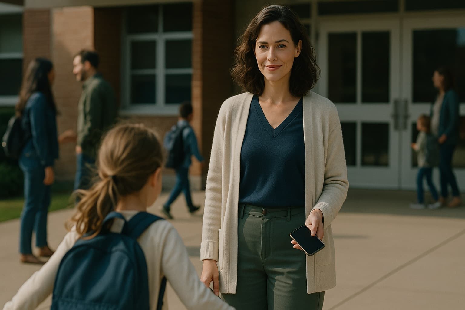 A confident mother at school pickup as her daughter runs to meet her.