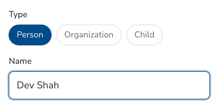 The quick add box with the three type choices -- Person, Organization, and Child -- and a name typed in