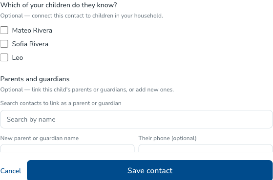 The two sections that appear after ticking This contact is a child: Which of your children do they know? and Parents and guardians