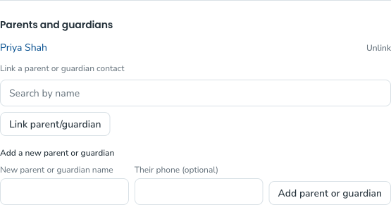 The Parents and guardians section on a child contact's page, with a search box and an Add a new parent or guardian option