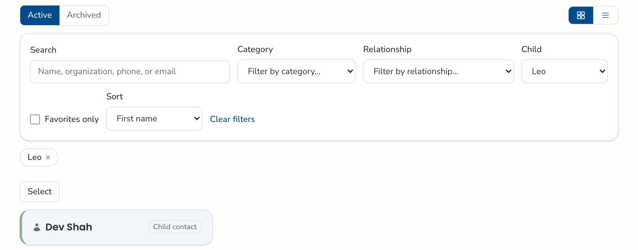 The Contacts page filtered to one child, showing the connected contact, with the Sort control set to First name