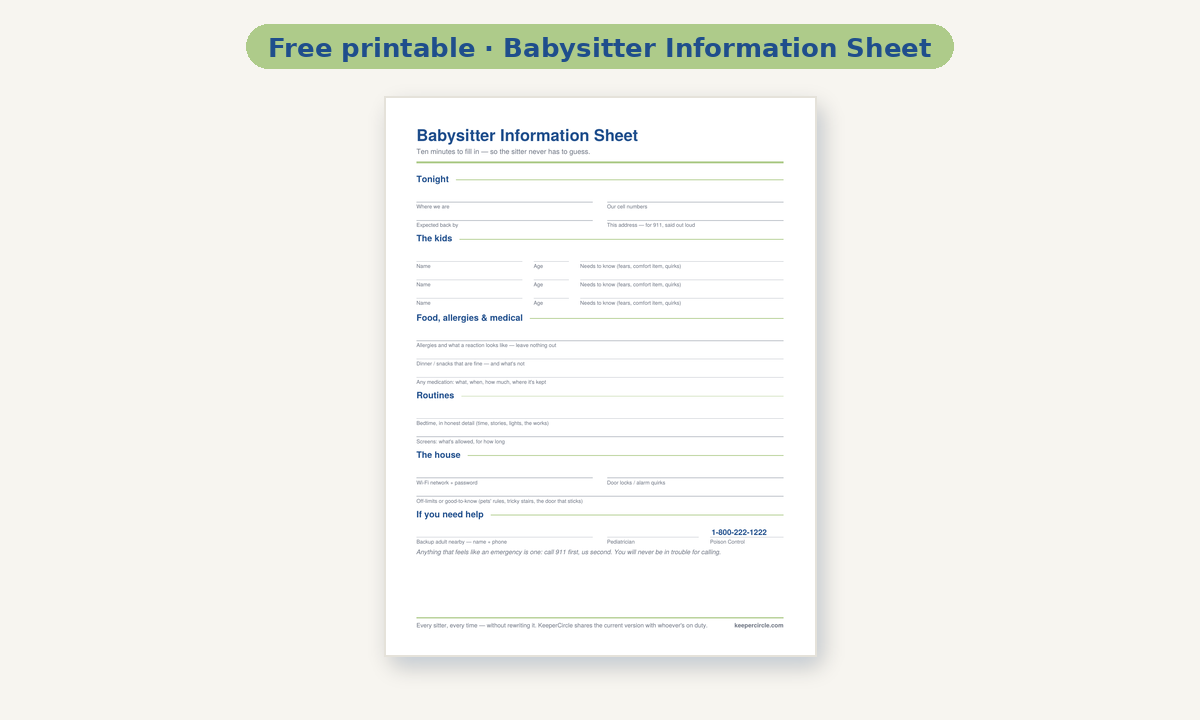 Free printable: the babysitter information sheet