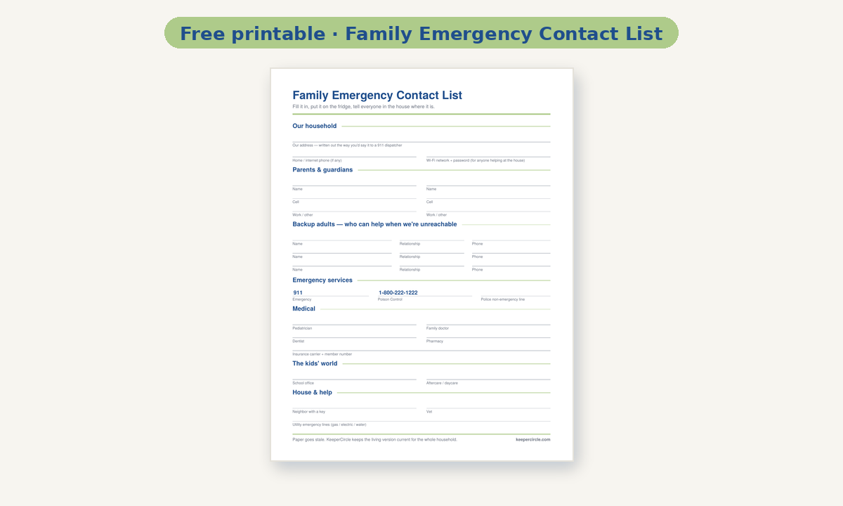 Free printable: the family emergency contact list