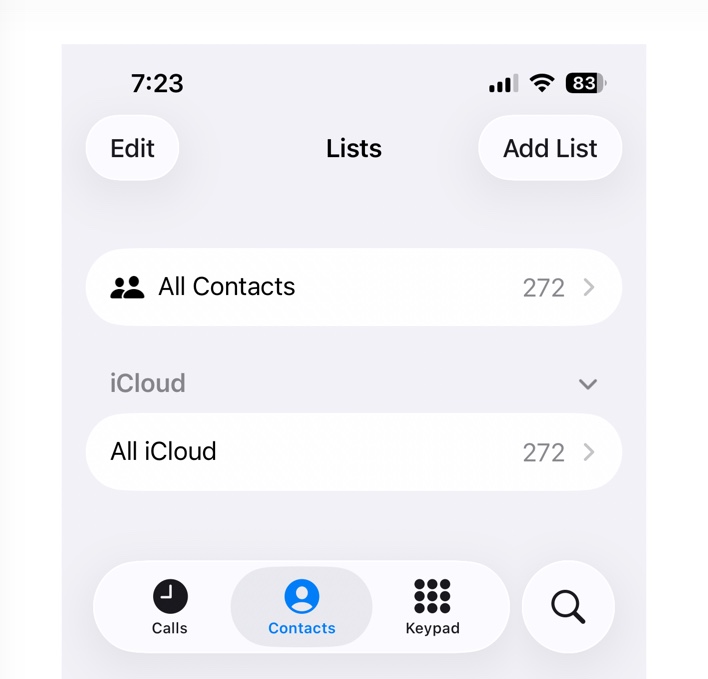 The iPhone Lists screen showing All Contacts and All iCloud, with the Add List button in the top-right corner