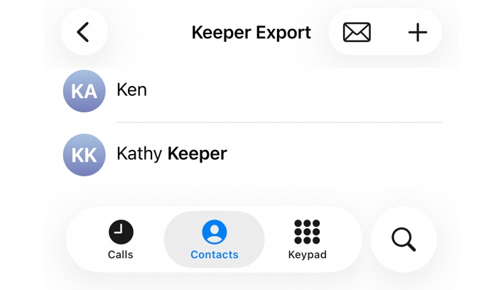 The Keeper Export list open, showing the contacts added so far and a plus button in the top-right corner