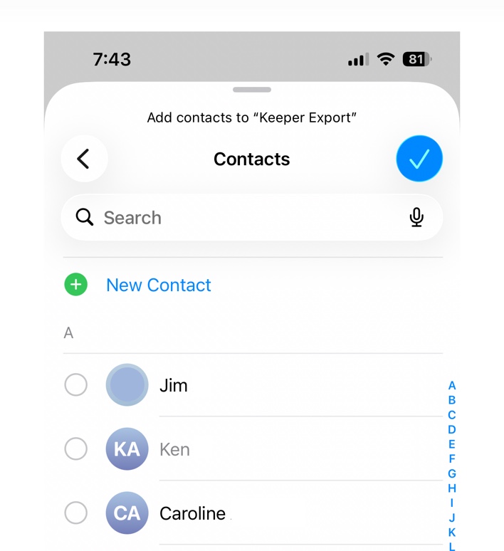 The Add contacts to Keeper Export screen, with a selection circle beside each contact and a blue checkmark button at the top