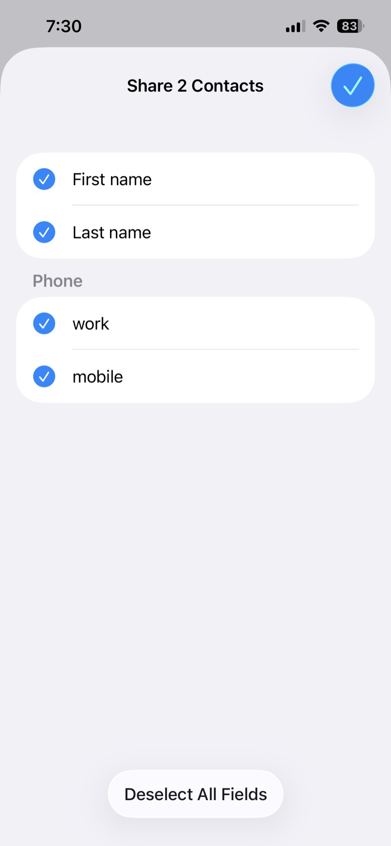 The export fields screen with First name, Last name, and two phone fields checked, and a blue checkmark button at the top