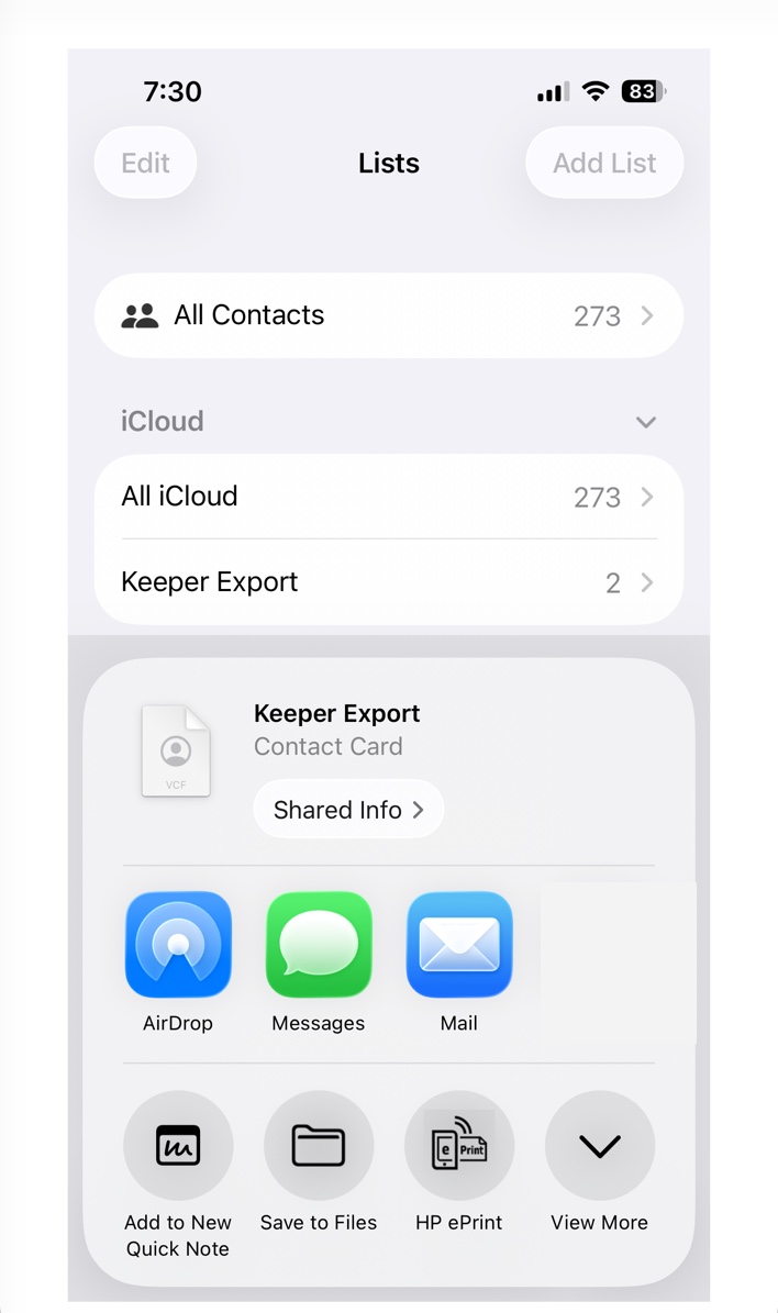 The iPhone share sheet showing the Keeper Export contact card file, with Save to Files in the bottom row