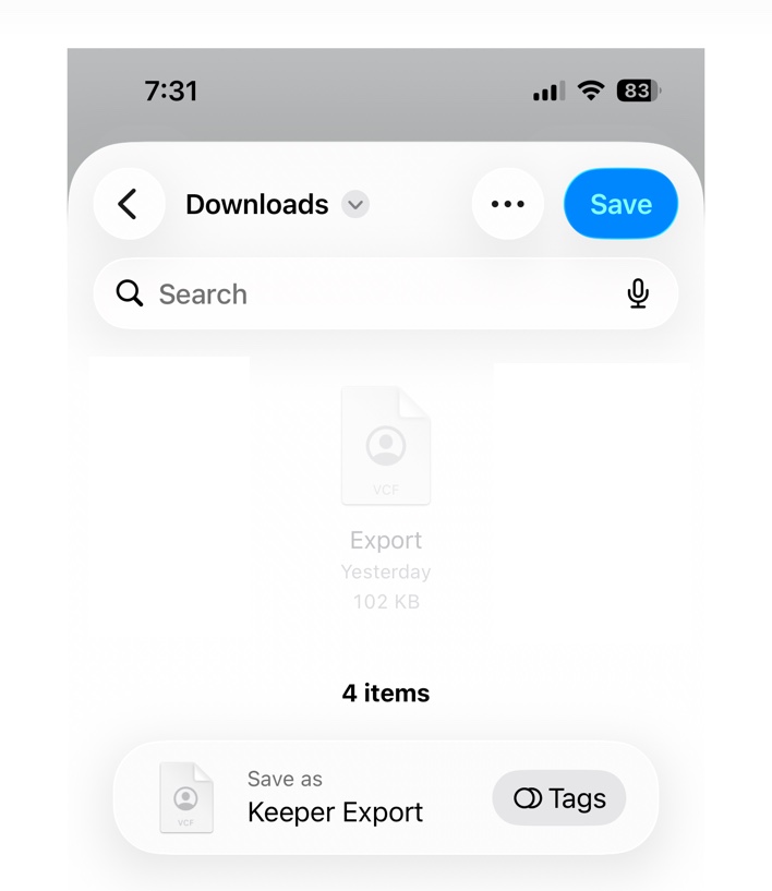 The Files save screen with the Downloads folder selected, the file name Keeper Export, and a Save button