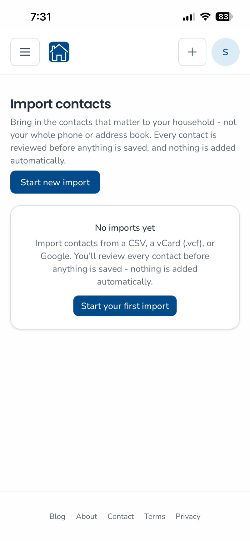 The KeeperCircle Import contacts page with a Start new import button and a No imports yet message