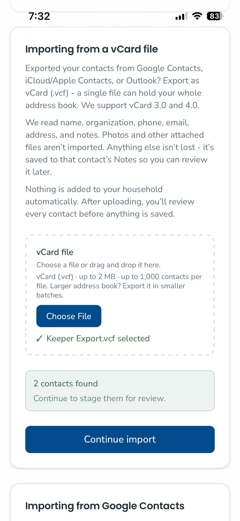 The vCard upload card showing 2 contacts found and a Continue import button